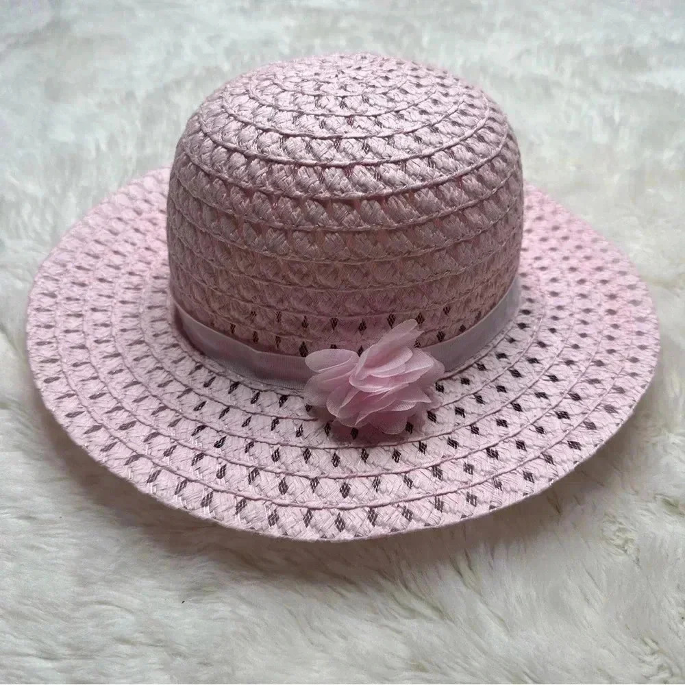 Pink Straw  Hat Girls Flower Size 5T